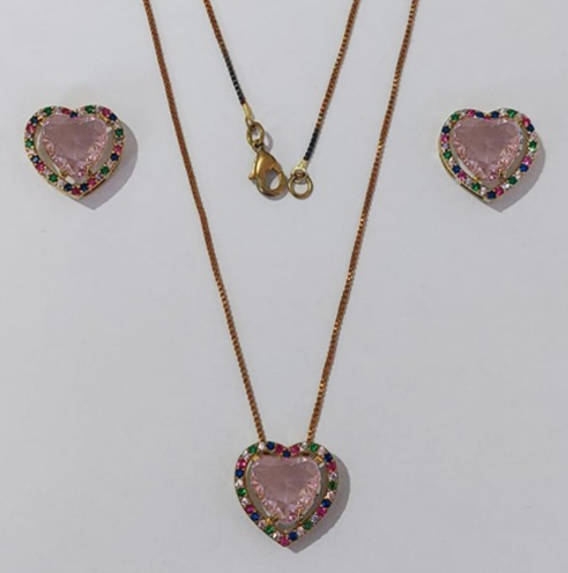 CONJUNTO NO BRUTO PRONTO PARA O BANHO CORRENTE VENEZIANA (BASE DE 15MM TODA CRAVEJADA EM MICRO ZIRCONIAS COLORIDA E PEDRA DE ZIRCONIA DE10MM CORAÇÃO(PEÇA EM ALTA FUSÃO) - PESO DO BRINCO 4,3GR - BRU3877