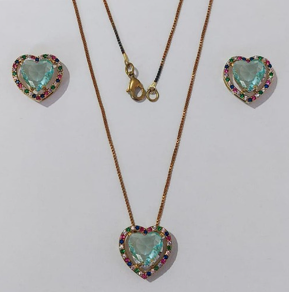 CONJUNTO NO BRUTO PRONTO PARA O BANHO CORRENTE VENEZIANA (BASE DE 15MM TODA CRAVEJADA EM MICRO ZIRCONIAS COLORIDA E PEDRA DE ZIRCONIA DE10MM CORAÇÃO(PEÇA EM ALTA FUSÃO) - PESO DO BRINCO 4,3GR - BRU3880