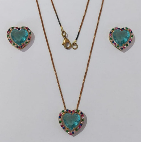 CONJUNTO NO BRUTO PRONTO PARA O BANHO CORRENTE VENEZIANA (BASE DE 15MM TODA CRAVEJADA EM MICRO ZIRCONIAS COLORIDA E PEDRA DE ZIRCONIA DE10MM CORAÇÃO(PEÇA EM ALTA FUSÃO) - PESO DO BRINCO 4,3GR - BRU3885