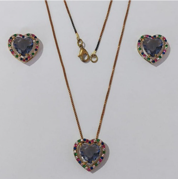CONJUNTO NO BRUTO PRONTO PARA O BANHO CORRENTE VENEZIANA (BASE DE 15MM TODA CRAVEJADA EM MICRO ZIRCONIAS COLORIDA E PEDRA DE ZIRCONIA DE10MM CORAÇÃO(PEÇA EM ALTA FUSÃO) - PESO DO BRINCO 4,3GR - BRU3886