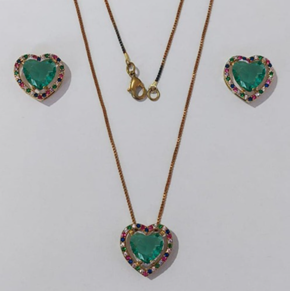 CONJUNTO NO BRUTO PRONTO PARA O BANHO CORRENTE VENEZIANA (BASE DE 15MM TODA CRAVEJADA EM MICRO ZIRCONIAS COLORIDA E PEDRA DE ZIRCONIA DE10MM CORAÇÃO(PEÇA EM ALTA FUSÃO) - PESO DO BRINCO 4,3GR - BRU3888