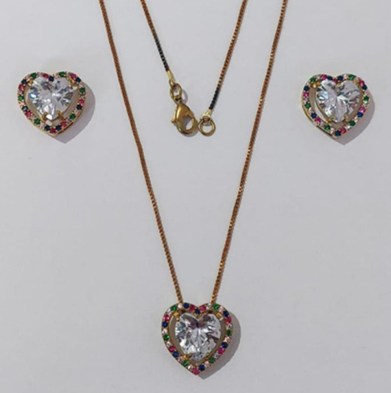 CONJUNTO NO BRUTO PRONTO PARA O BANHO CORRENTE VENEZIANA (BASE DE 15MM TODA CRAVEJADA EM MICRO ZIRCONIAS COLORIDA E PEDRA DE ZIRCONIA DE10MM CORAÇÃO(PEÇA EM ALTA FUSÃO) - PESO DO BRINCO 4,3GR - BRU3889