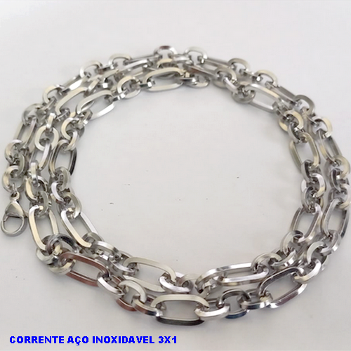 CORRENTE EM AÇO INOXIDAVEL TREIS POR UM(BCOL037) *(TAMANHO 60CM )* LARGURA 6MM - AÇO0182
