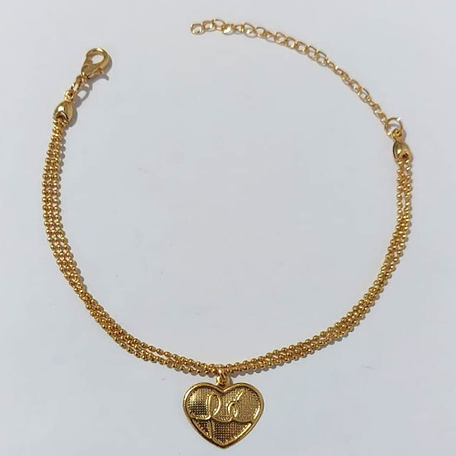 PULSEIRA FOLHEADO A OURO - BANHADO COM 5 MILÉSIMOS + VERNIZ DIAMOND - PULSEIRA 15CM TRIPLA DE BOLINHAS COM PINGENTE CORAÇÃO FÉ 15MM + EXTENSOR - OURO1198