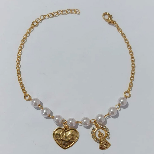 PULSEIRA FOLHEADO A OURO - BANHADO COM 5 MILÉSIMOS + VERNIZ CATAFORÉTICO - PULSEIRA 18CM COM PÉROLAS E PINGENTE CORAÇÃO FÉ E NOSSA SENHORA APARECIDA COM STRASS OURO1196