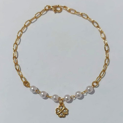 PULSEIRA FOLHEADO A OURO - BANHADO COM 5 MILÉSIMOS + VERNIZ CATAFORÉTICO - PULSEIRA 18CM COM PÉROLAS E PINGENTE TREVO COM MICRO ZIRCÔNIAS OURO1195