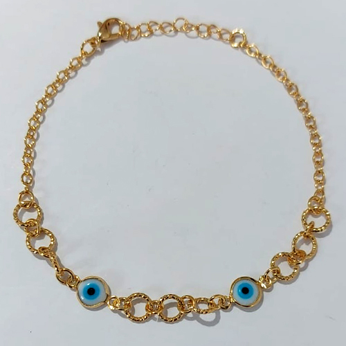 PULSEIRA FOLHEADO A OURO + VERNIZ CATAFORÉTICO - PULSEIRA 17CM CÍRCULOS VAZADOS COM OLHOS GREGOS + EXTENSOR - OURO1186