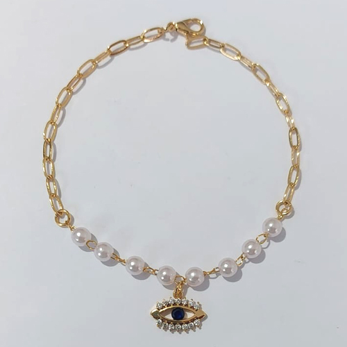 PULSEIRA FOLHEADO A OURO + VERNIZ CATAFORÉTICO - PULSEIRA 19CM COM PÉROLAS E OLHO GREGO COM MICRO ZIRCÔNIAS - OURO1184