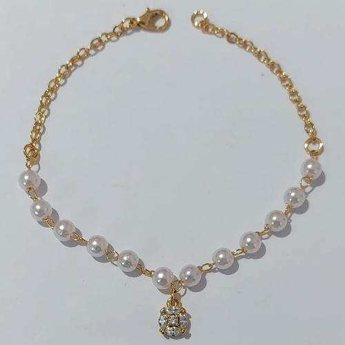 PULSEIRA FOLHEADO A OURO + VERNIZ CATAFORÉTICO - PULSEIRA 18CM COM PÉROLAS E CÍRCULO DE ZIRCÔNIA - OURO1178