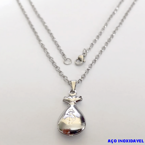 GARGANTILHA EM AÇO INOXIDAVEL COM *(CORRENTE DE 45CM)* E FECHO LAGOSTA-(013) PINGENTE SACO DE DINHEIRO - AÇO0225