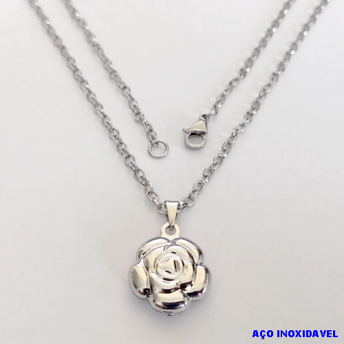 GARGANTILHA EM AÇO INOXIDAVEL COM *(CORRENTE DE 50CM)* E FECHO LAGOSTA-(013) PINGENTE FLOR - AÇO0230