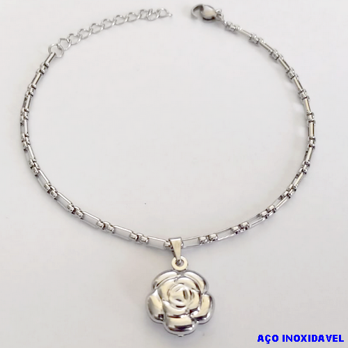 PULSEIRA EM AÇO INOXIDAVEL COM *(PULSEIRA DE 18CM+EXTENSOR)* E FECHO LAGOSTA- PINGENTE FLOR - AÇO0234