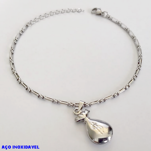 PULSEIRA EM AÇO INOXIDAVEL COM *(PULSEIRA DE 18CM+EXTENSOR)* E FECHO LAGOSTA- PINGENTE SACO DA FELICIDADE- AÇO0235