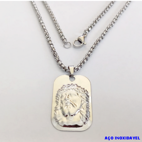 GARGANTILHA EM AÇO INOXIDAVEL COM *(CORDÃO INDIANO DE 50CM)* E FECHO LAGOSTA-(024)(I-1254) PLACA FACE DE CRISTO - AÇO0238