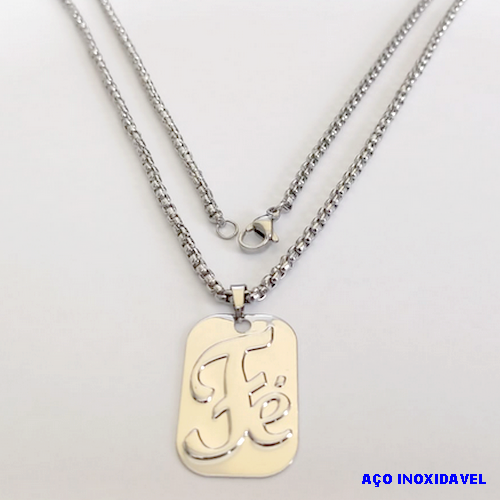 GARGANTILHA EM AÇO INOXIDAVEL COM *(CORDÃO INDIANO DE 60CM)* E FECHO LAGOSTA-(024)(I-1188) Placa militar Fé 30mm - AÇO0246