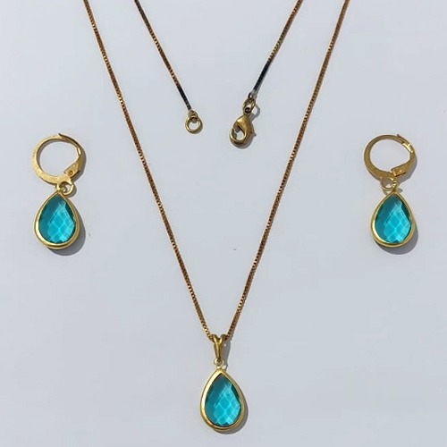 CONJUNTO NO BRUTO PRONTO PARA O BANHO - COM CORRENTE VENEZIANA DE 45CM - PINGENTES PINGENTE 8X12MM (GOTA)COMPOSIÇÃO 70% LATÃO E 30% VIDRO AZUL CLARO - PESO: 5,0GR - BRU24050