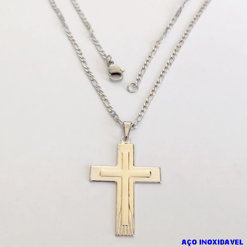 GARGANTILHA EM AÇO INOXIDAVEL COM *(CORRENTE3X1 - 60CM)* E FECHO LAGOSTA-(I-1265/2) Cruz relevo riscada 35mm - AÇO0253
