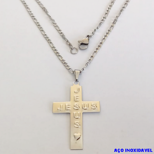GARGANTILHA EM AÇO INOXIDAVEL COM *(CORRENTE3X1 - 50CM)* E FECHO LAGOSTA-(I-0994) Cruz Jesus grande 35mm - AÇO0258