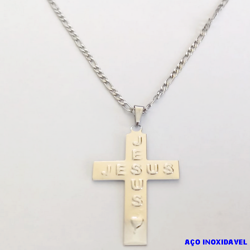 GARGANTILHA EM AÇO INOXIDAVEL COM *(CORRENTE3X1 - 60CM)* E FECHO LAGOSTA-(I-0994) Cruz Jesus grande 35mm - AÇO0259