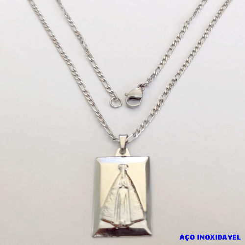 GARGANTILHA EM AÇO INOXIDAVEL COM *(CORRENTE3X1 - 60CM)* E FECHO LAGOSTA-(I-1261/1)Placa NS Aparecida 28mm - AÇO0262
