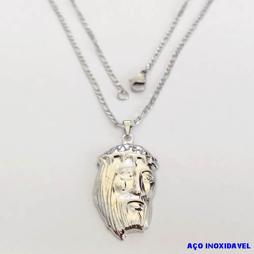 GARGANTILHA EM AÇO INOXIDAVEL COM *(CORRENTE3X1 - 70CM)* E FECHO LAGOSTA-(I-1269) Face de Jesus Cristo grande 32 mm- AÇO0266