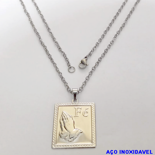 GARGANTILHA EM AÇO INOXIDAVEL COM *(CORRENTE CADEADINHO 50CM)* E FECHO LAGOSTA-(3.2886A1)INOX RETANGULO BORDA FÉ MÃO REZANDO - AÇO0268