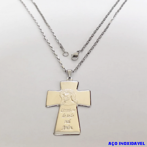 GARGANTILHA EM AÇO INOXIDAVEL COM *(CORRENTE CARTIER CURTA 60CM)* E FECHO LAGOSTA-(BCOL026)AC INOX CRUZ GRANDE FACE DE CRISTO CHEIA( C3.1032C)- AÇO0272