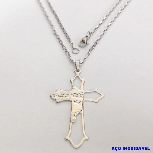 GARGANTILHA EM AÇO INOXIDAVEL COM *(CORRENTE CARTIER CURTA 60CM)* E FECHO LAGOSTA-(BCOL026)AC INOX CRUZ FACE DE CRISTO VAZADAZ( C3.1210)- AÇO0275