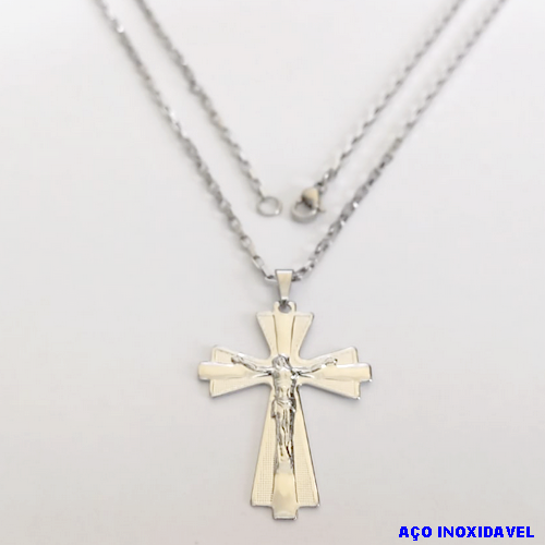 GARGANTILHA EM AÇO INOXIDAVEL COM *(CORRENTE CARTIER CURTA 50CM)* E FECHO LAGOSTA-(BCOL026)AC INOX CRUZ TXT CLICADA(C3.1150 )- AÇO0277