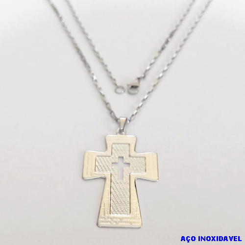 GARGANTILHA EM AÇO INOXIDAVEL COM *(CORRENTE CARTIER CURTA 60CM)* E FECHO LAGOSTA-(BCOL026)AC INOX CRUZ G C/ CRUZ VZ PAI NOSSO BORDA(C3.1004 )- AÇO0281