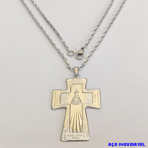 GARGANTILHA EM AÇO INOXIDAVEL COM *(CORRENTE CARTIER CURTA 70CM)* E FECHO LAGOSTA-(BCOL026)AC INOX CRUZ GRANDE CHEIA C/ N SRa APARECIDA(C3.1066 )- AÇO0285