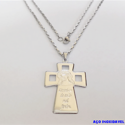 GARGANTILHA EM AÇO INOXIDAVEL COM *(CORRENTE CARTIER CURTA 60CM)* E FECHO LAGOSTA-(AC INOX CRUZ GRANDE FACE DE CRISTO C/ VAZADA(C3.1032 )- AÇO0287