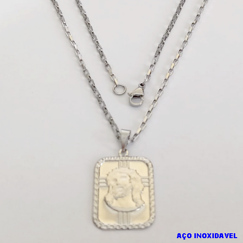 GARGANTILHA EM AÇO INOXIDAVEL COM *(CORRENTE CARTIER CURTA 70CM)* E FECHO LAGOSTA-(AC INOX PLACA CRISTO)( C3.1524A1)- AÇO0291