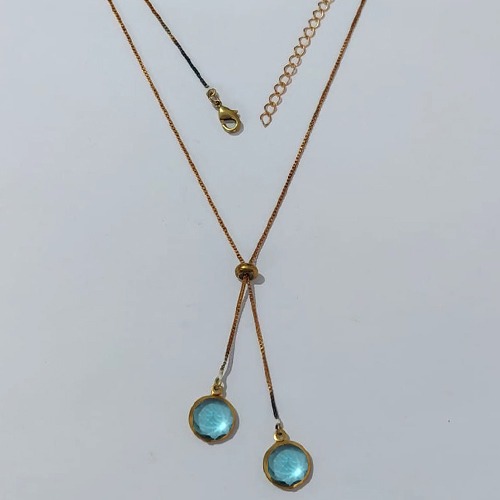 GARGANTILHA NO BRUTO PRONTA PARA O BANHO - GARGANTILHA GRAVATINHA (AJUSTÁVEL) 45CM + EXTENSOR COM PINGENTES DE ZIRCÔNIAS AZUÍS 10MM - PESO TOTAL 4,2GR - BRU24156