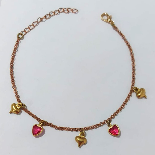 PULSEIRA NO BRUTO PRONTA PARA O BANHO - PULSEIRA COM CORAÇÕES DUPLOS E EM CRISTAIS VERMELHOS- TAMANHO 18CM + EXTENSOR - PESO 2,3GR- BRU24170