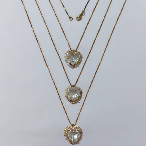 GARGANTILHA NO BRUTO PRONTA PARA O BANHO - KIT COM 3 CORRENTES VENEZIANAS 45CM E PINGENTES COM BASES CORAÇÃO CRAVEJADO EM MICRO ZIRCÔNIAS CRISTAIS E PEDRA EM ZIRCÔNIA CRISTAL 15X15MM - PESO TOTAL 19,8GR - BRU24221