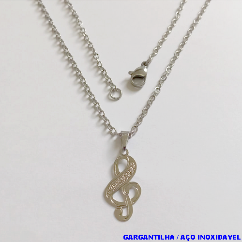 GARGANTILHA EM AÇO INOXIDAVEL COM *(CORRENTE CADEADO DE 5OCM)* E FECHO LAGOSTA-(LETRA MUSICAL- AÇO0297
