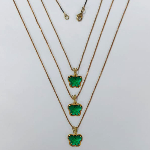 GARGANTILHA NO BRUTO PRONTA PARA O BANHO - KIT COM 3 CORRENTES VENEZIANAS 45CM E PINGENTES BORBOLETA TIPO VAN CLEEF EM VIDRO VERDE 10MM - PESO TOTAL 8,1GR - BRU24249