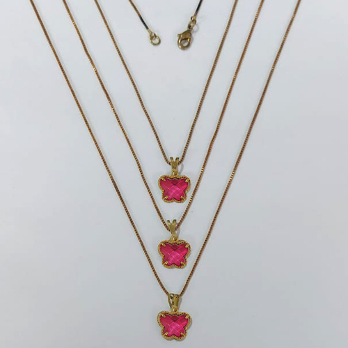 GARGANTILHA NO BRUTO PRONTA PARA O BANHO - KIT COM 3 CORRENTES VENEZIANAS 45CM E PINGENTES BORBOLETA TIPO VAN CLEEF EM VIDRO PINK 10MM - PESO TOTAL 8,1GR - BRU24250