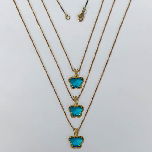 GARGANTILHA NO BRUTO PRONTA PARA O BANHO - KIT COM 3 CORRENTES VENEZIANAS 45CM E PINGENTES BORBOLETA TIPO VAN CLEEF EM VIDRO AZUL 10MM - PESO TOTAL 8,1GR - BRU24251