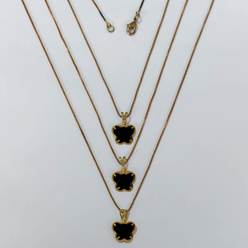 GARGANTILHA NO BRUTO PRONTA PARA O BANHO - KIT COM 3 CORRENTES VENEZIANAS 45CM E PINGENTES BORBOLETA TIPO VAN CLEEF EM VIDRO PRETO 10MM - PESO TOTAL 8,1GR - BRU24253