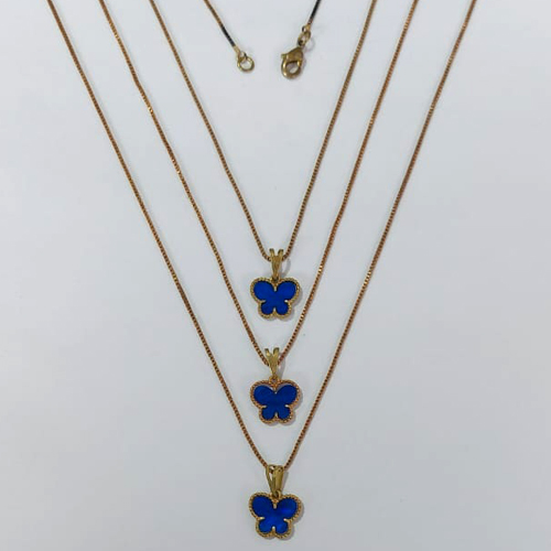 GARGANTILHA NO BRUTO PRONTA PARA O BANHO - KIT COM 3 CORRENTES VENEZIANAS 45CM E PINGENTES BORBOLETA TIPO VAN CLEEF EM RESINA AZUL 10MM - PESO TOTAL 7,5GR - BRU24256