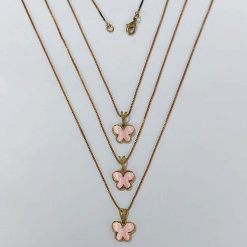 GARGANTILHA NO BRUTO PRONTA PARA O BANHO - KIT COM 3 CORRENTES VENEZIANAS 45CM E PINGENTES BORBOLETA TIPO VAN CLEEF EM RESINA ROSA 10MM - PESO TOTAL 7,5GR - BRU24257