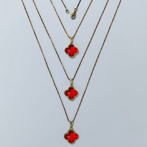 GARGANTILHA NO BRUTO PRONTA PARA O BANHO - KIT COM 3 CORRENTES VENEZIANAS 45CM E PINGENTES TIPO VAN CLEEF VIDRO VERMELHA 15MM - PESO TOTAL 9GR - BRU24309