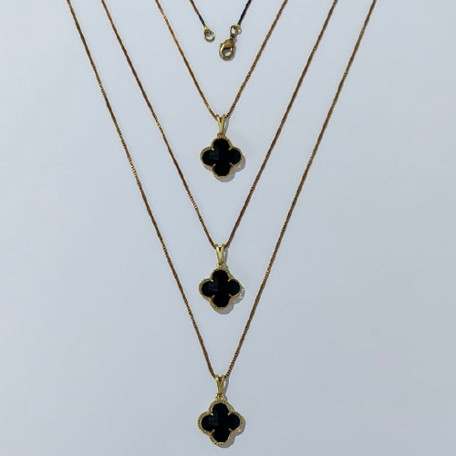 GARGANTILHA NO BRUTO PRONTA PARA O BANHO - KIT COM 3 CORRENTES VENEZIANAS 45CM E PINGENTES TIPO VAN CLEEF VIDRO PRETA 15MM - PESO TOTAL 9GR - BRU24310