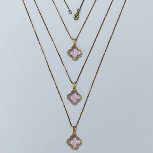 GARGANTILHA NO BRUTO PRONTA PARA O BANHO - KIT COM 3 CORRENTES VENEZIANAS 45CM E PINGENTES TIPO VAN CLEEF VIDRO ROSA 15MM - PESO TOTAL 9GR - BRU24314