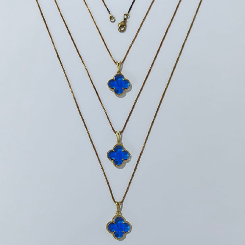 GARGANTILHA NO BRUTO PRONTA PARA O BANHO - KIT COM 3 CORRENTES VENEZIANAS 45CM E PINGENTES TIPO VAN CLEEF VIDRO AZUL ESCURA 15MM - PESO TOTAL 9GR - BRU24315
