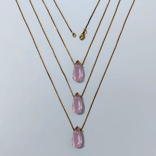 GARGANTILHA NO BRUTO PRONTA PARA O BANHO - KIT COM 3 CORRENTES VENEZIANAS 45CM E PINGENTES COM BASES EM ALTA FUSÃO E ZIRCÔNIA ROSA 10X22MM - PESO TOTAL 12,9GR - BRU24363