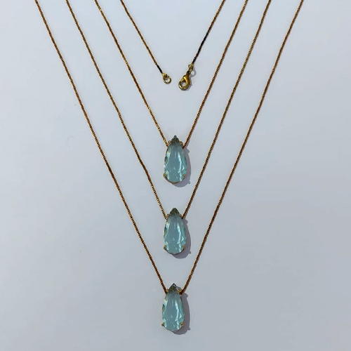 GARGANTILHA NO BRUTO PRONTA PARA O BANHO - KIT COM 3 CORRENTES VENEZIANAS 45CM E PINGENTES COM BASES EM ALTA FUSÃO E ZIRCÔNIA AZUL 10X22MM - PESO TOTAL 12,9GR - BRU24364