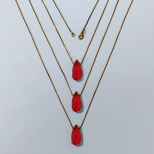 GARGANTILHA NO BRUTO PRONTA PARA O BANHO - KIT COM 3 CORRENTES VENEZIANAS 45CM E PINGENTES COM BASES EM ALTA FUSÃO E ZIRCÔNIA VERMELHA 10X22MM - PESO TOTAL 12,9GR - BRU24500